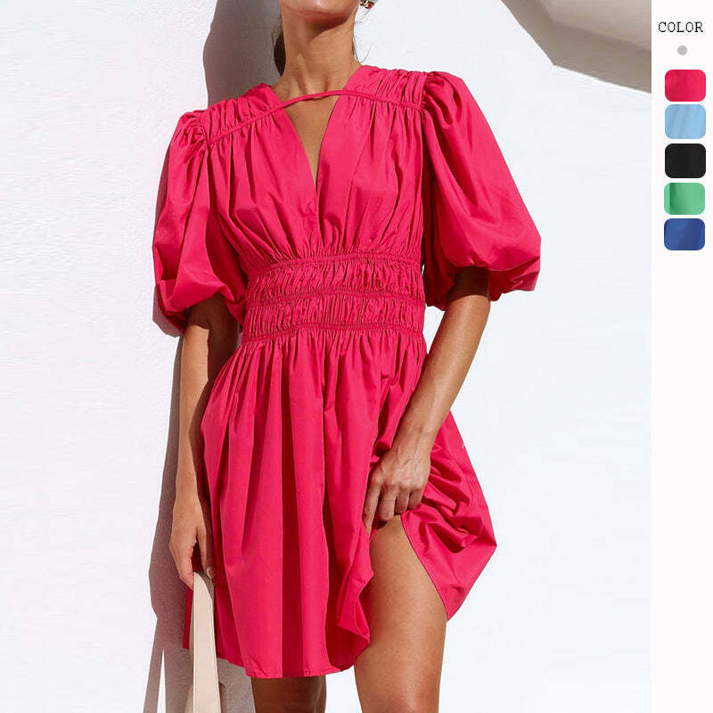 Y2K Aesthetic Deep V-Neck High Waist Dopamine Dress for Niche Women Fashion