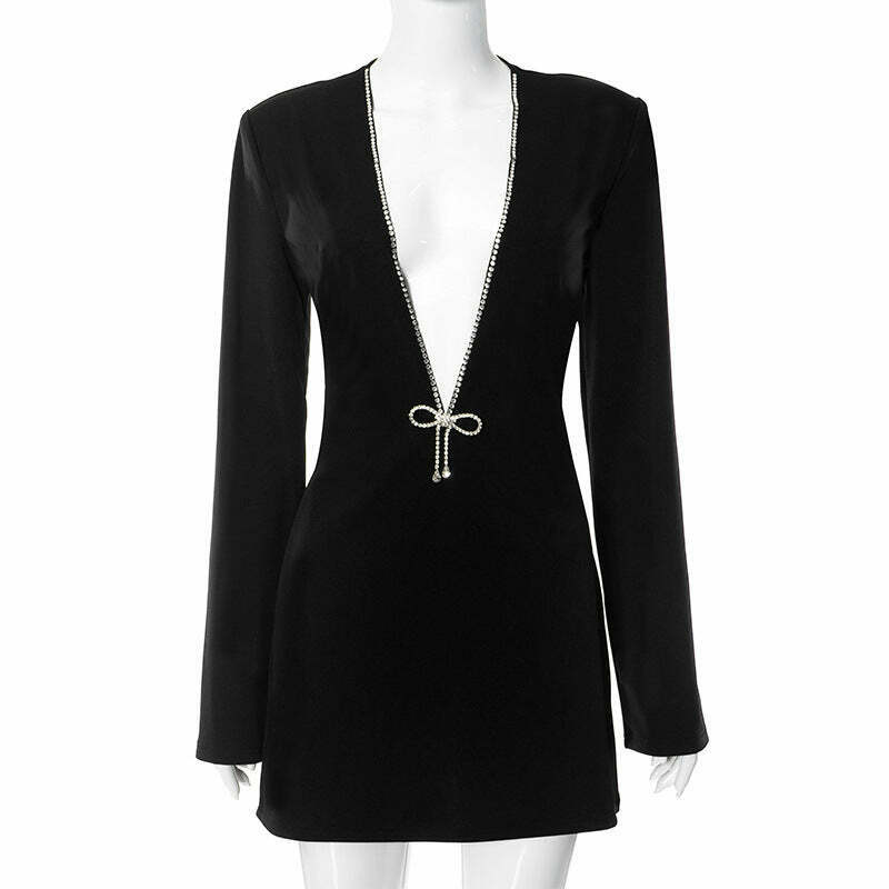 Y2K Aesthetic Deep V-Neck Long-Sleeved Casual Dress for Women - Coquette Style Grunge Fashion