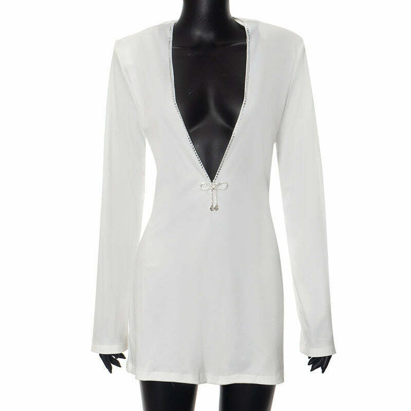 Y2K Aesthetic Deep V-Neck Long-Sleeved Casual Dress for Women - Coquette Style Grunge Fashion
