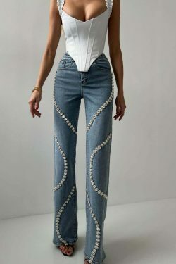 Y2K Aesthetic Denim Diamond Straight Jeans for Women - Coquette & Grunge Style Cargo Skirt Outfit