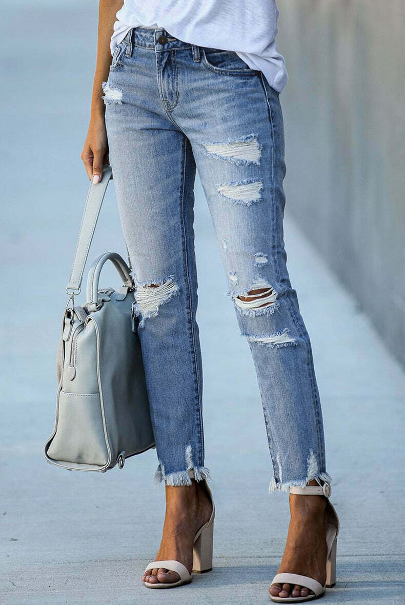 Y2K Aesthetic Denim Skirt Set with Edgy Fringe Ankle Detail