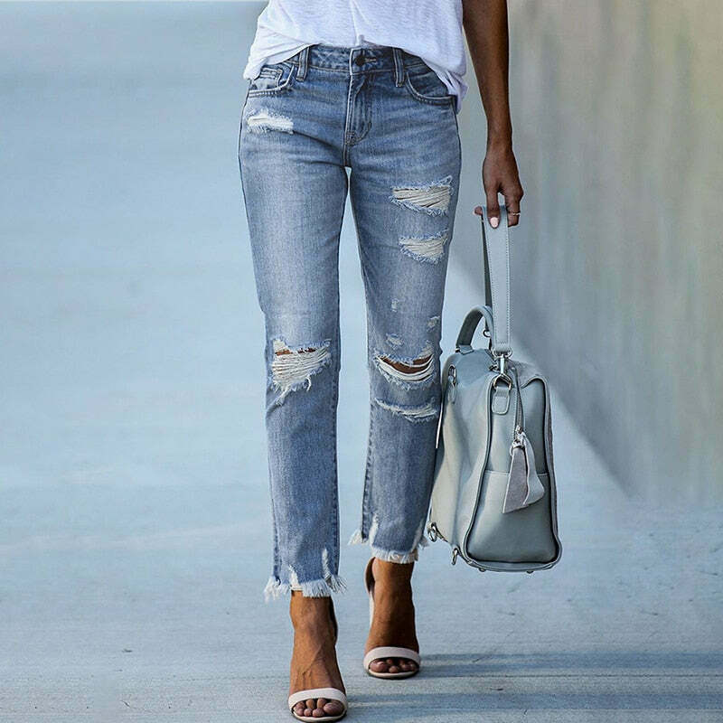 Y2K Aesthetic Denim Skirt Set with Edgy Fringe Ankle Detail