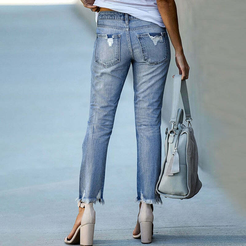 Y2K Aesthetic Denim Skirt Set with Edgy Fringe Ankle Detail