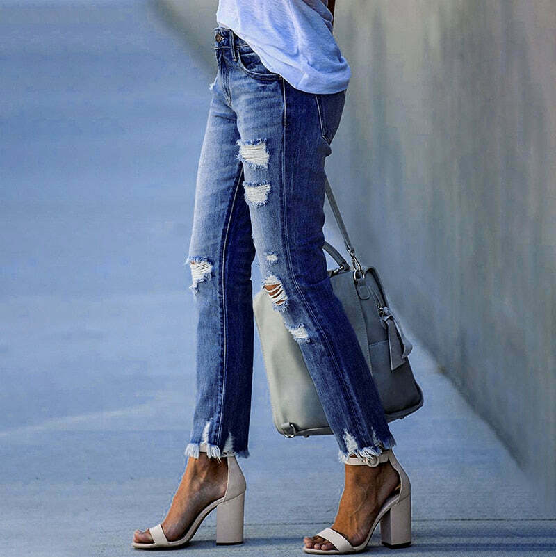 Y2K Aesthetic Denim Skirt Set with Edgy Fringe Ankle Detail