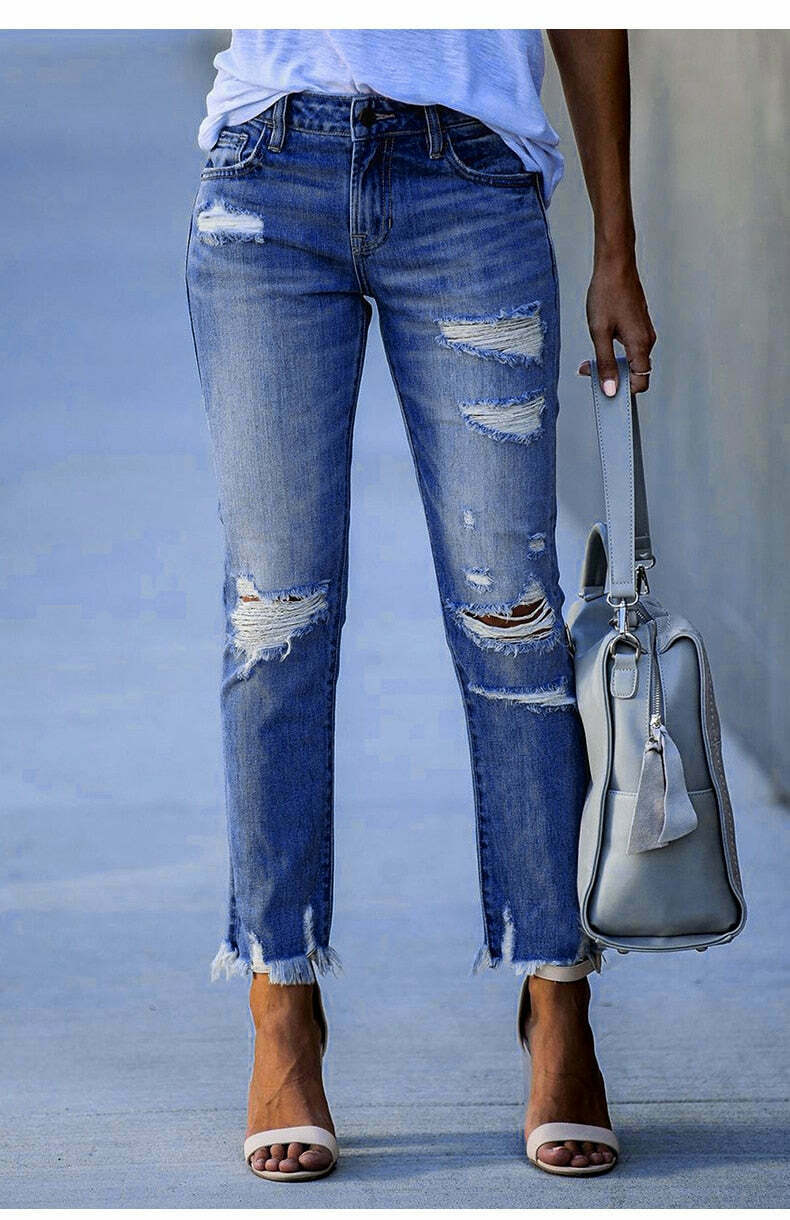 Y2K Aesthetic Denim Skirt Set with Edgy Fringe Ankle Detail
