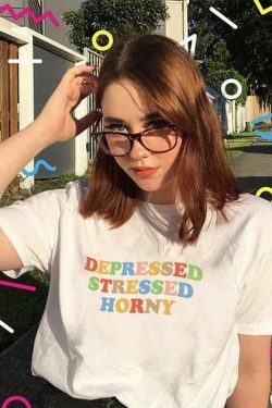 Y2K Aesthetic Depressed Stressed Horny T-Shirt for Women - Coquette Grunge Style Fashion