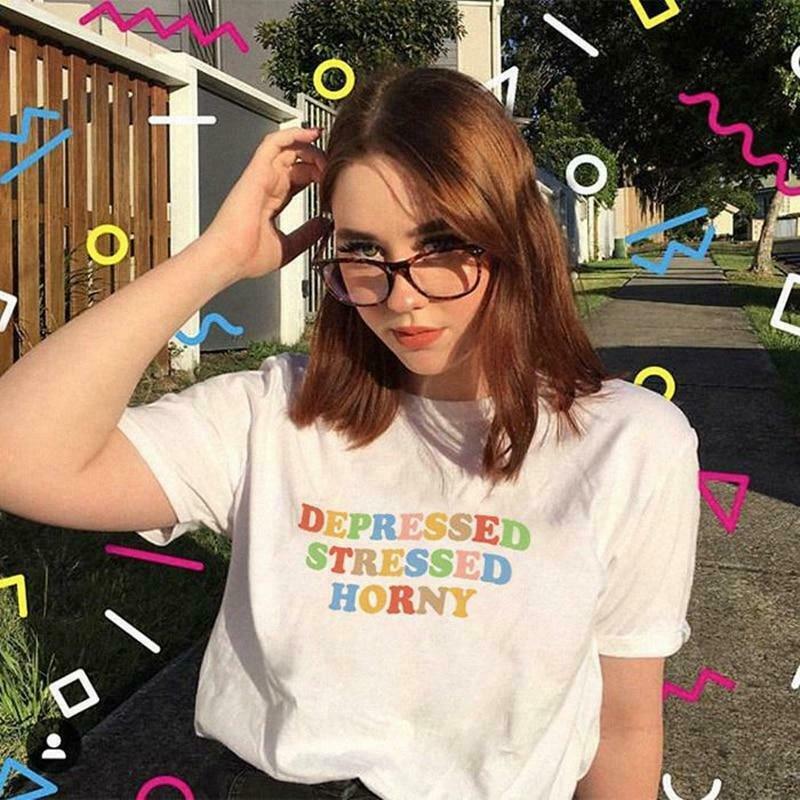 Y2K Aesthetic Depressed Stressed Horny T-Shirt for Women - Coquette Grunge Style Fashion