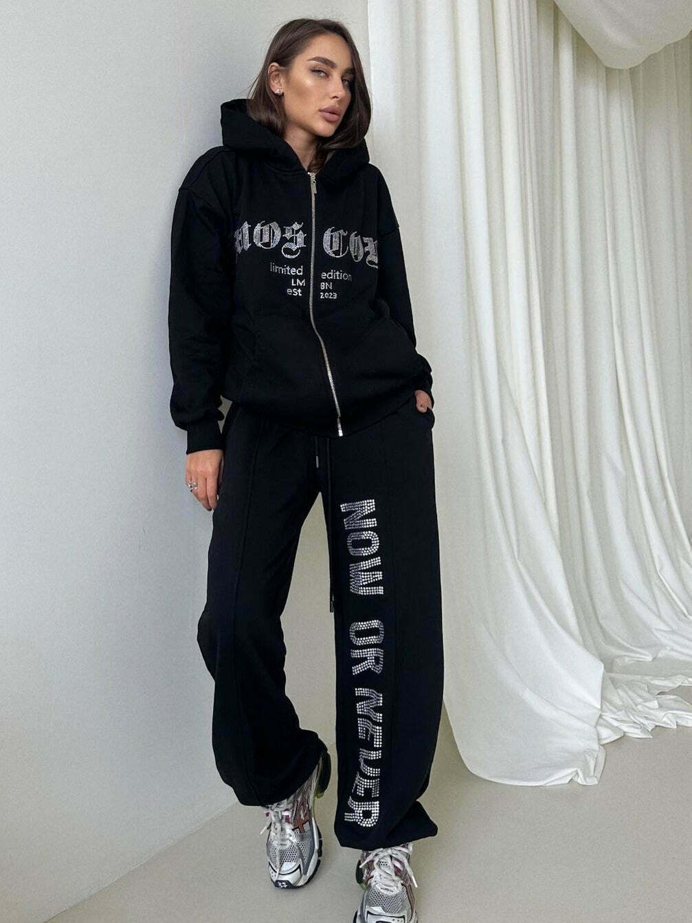 Y2K Aesthetic Diamond Zipper Hoodie Suit for Niche Women Fashion
