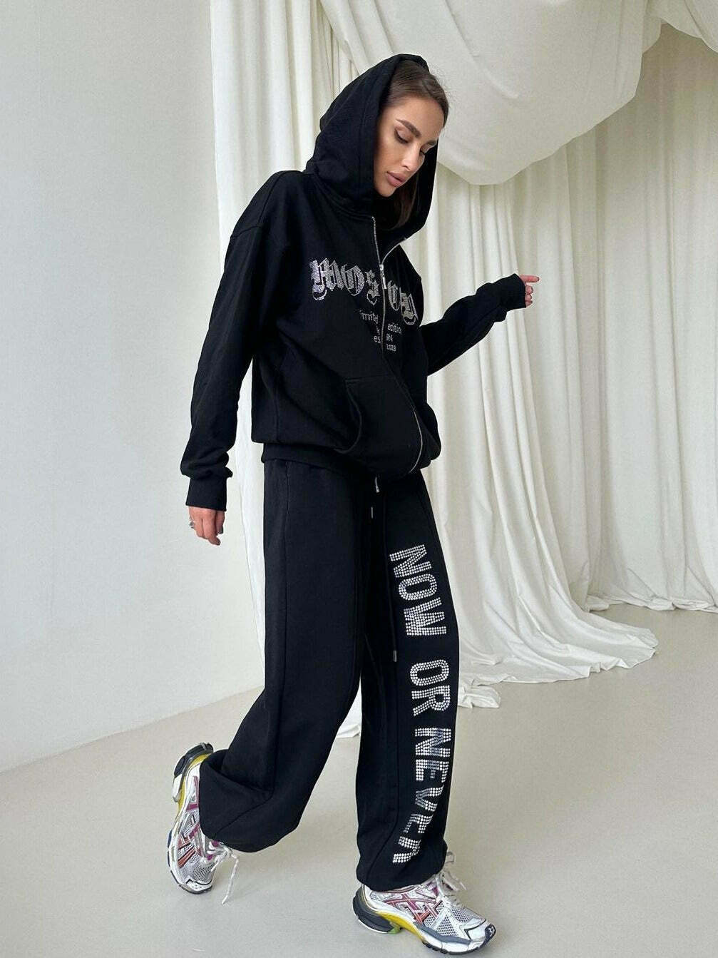 Y2K Aesthetic Diamond Zipper Hoodie Suit for Niche Women Fashion