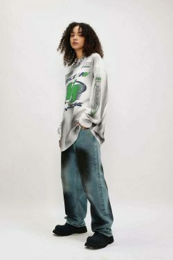 Y2K Aesthetic Dirt Track Racing Graphic Long Sleeve Shirt