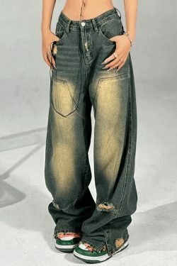 Y2K Aesthetic Distressed Denim Contrast Jeans - Coquette Grunge Style & Pastel Goth Vibes
