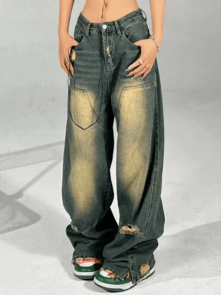 Y2K Aesthetic Distressed Denim Contrast Jeans - Coquette Grunge Style & Pastel Goth Vibes