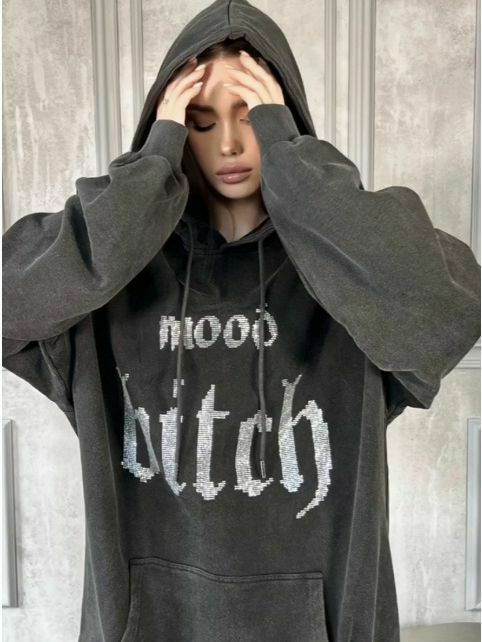 Y2K Aesthetic Distressed Diamond Letters Hoodie - Coquette Grunge Fashion