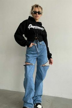 Y2K Aesthetic Elastic Strap Short Hoodie - Coquette Grunge Style Fashion for Women