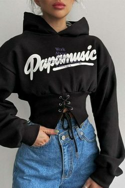 Y2K Aesthetic Elastic Strap Short Hoodie - Coquette Grunge Style Fashion for Women