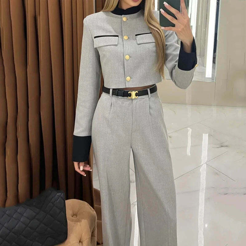 Y2K Aesthetic Elegant Short Jacket Wide-Leg Pants Suit for Niche Women Fashion