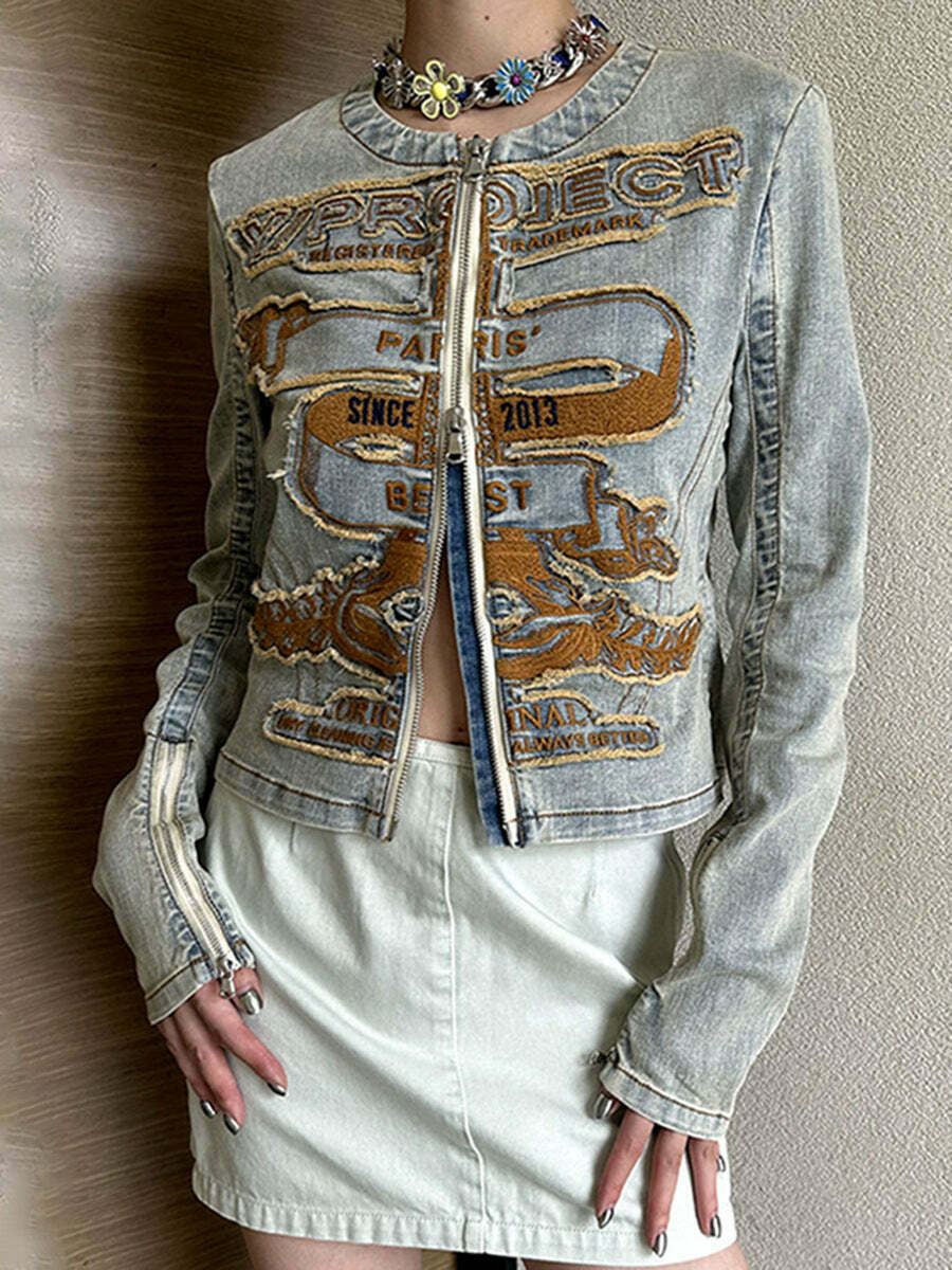 Y2K Aesthetic Embroidered Denim Jacket - Coquette & Grunge Style Women's Fashion