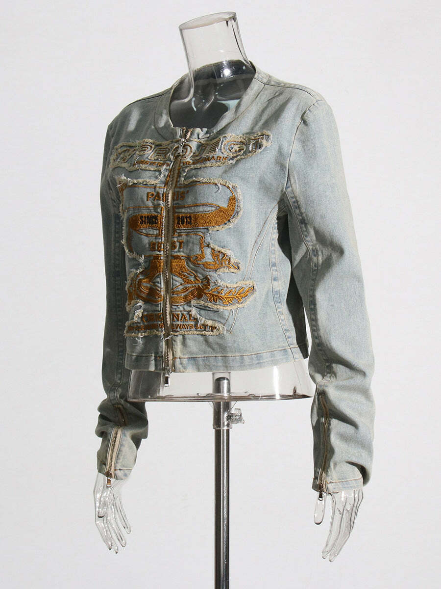Y2K Aesthetic Embroidered Denim Jacket - Coquette & Grunge Style Women's Fashion