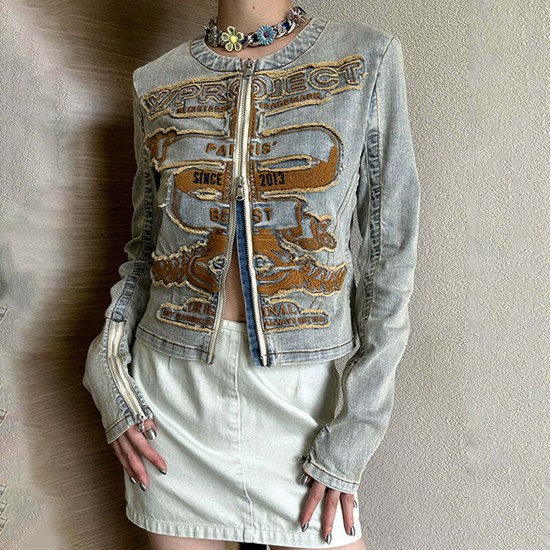 Y2K Aesthetic Embroidered Denim Jacket - Coquette & Grunge Style Women's Fashion