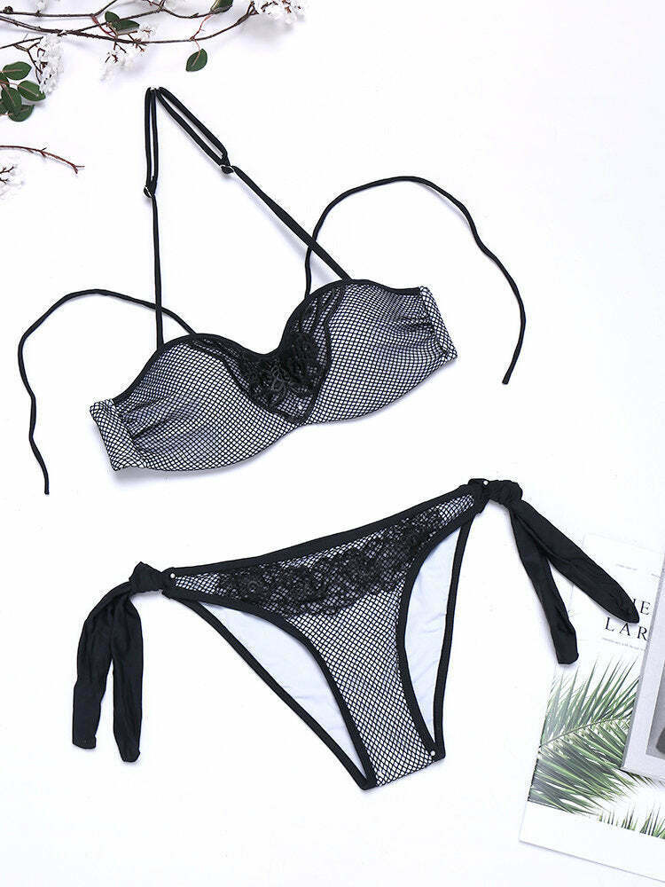 Y2K Aesthetic Embroidered Mesh Bikini Swimsuit - Sexy Fluorescent Backless Style
