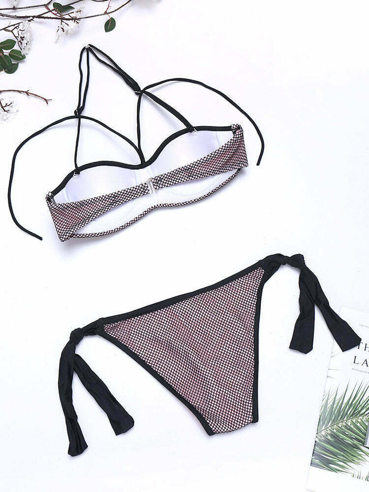Y2K Aesthetic Embroidered Mesh Bikini Swimsuit - Sexy Fluorescent Backless Style