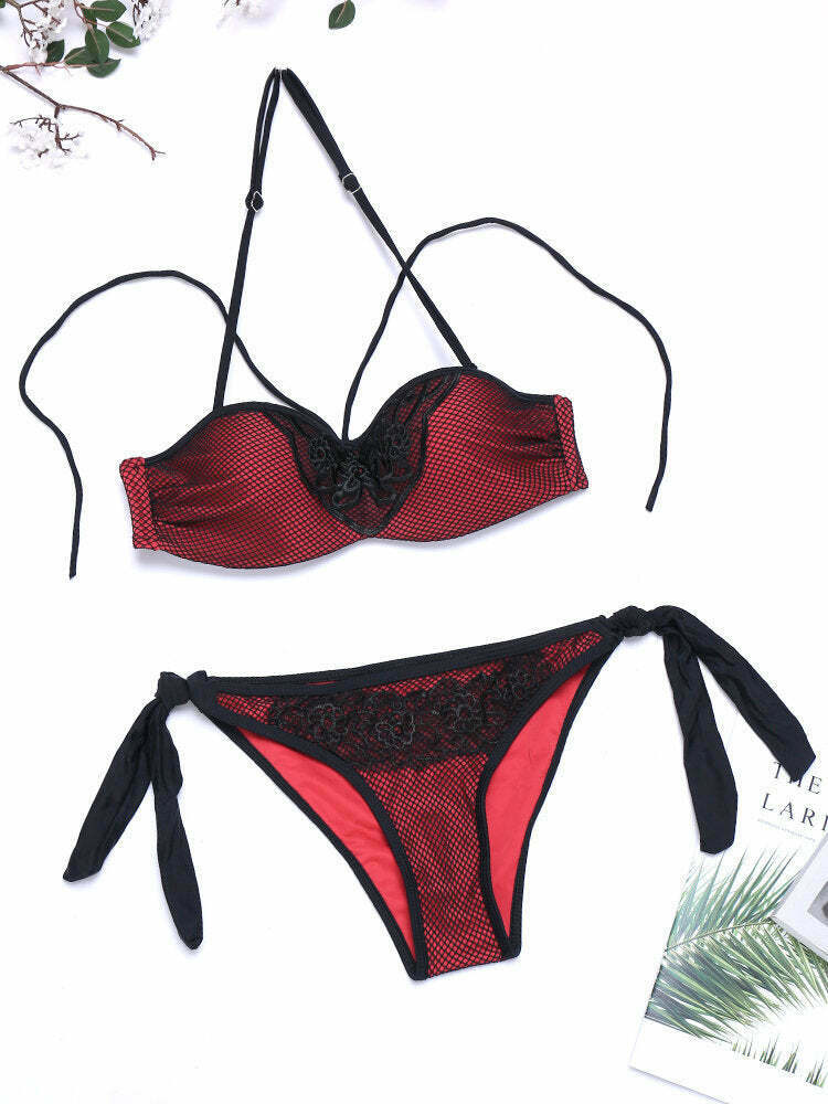 Y2K Aesthetic Embroidered Mesh Bikini Swimsuit - Sexy Fluorescent Backless Style