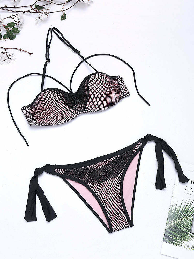 Y2K Aesthetic Embroidered Mesh Bikini Swimsuit - Sexy Fluorescent Backless Style