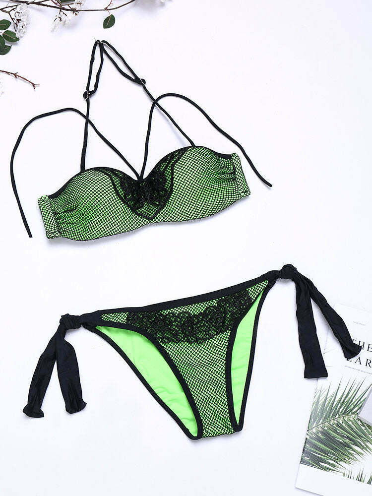 Y2K Aesthetic Embroidered Mesh Bikini Swimsuit - Sexy Fluorescent Backless Style
