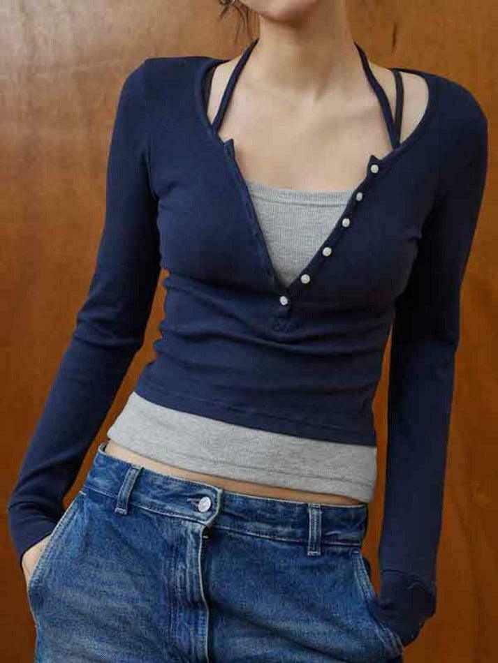 Y2K Aesthetic Fake Two Piece Halter Long Sleeve Tee for Women - Coquette & Grunge Style Fashion