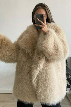 Y2K Aesthetic Faux Fur Mid-Length Coat for Women - Coquette Style Grunge Fashion