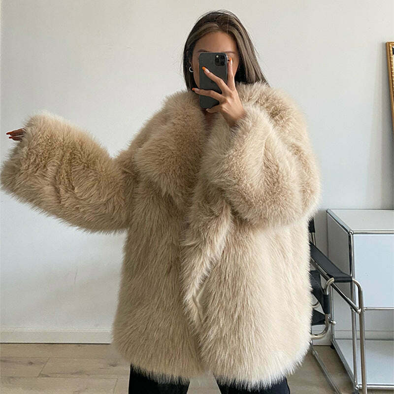 Y2K Aesthetic Faux Fur Mid-Length Coat for Women - Coquette Style Grunge Fashion