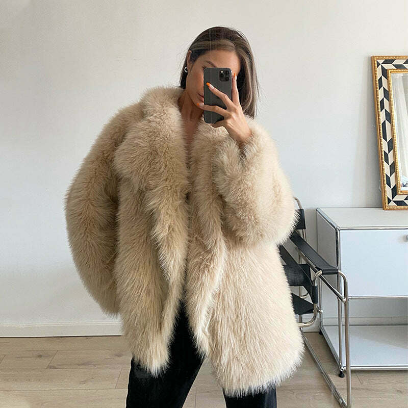 Y2K Aesthetic Faux Fur Mid-Length Coat for Women - Coquette Style Grunge Fashion