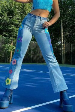Y2K Aesthetic Floral Flare Jeans - Vintage-inspired Coquette Style for Women's Fashion