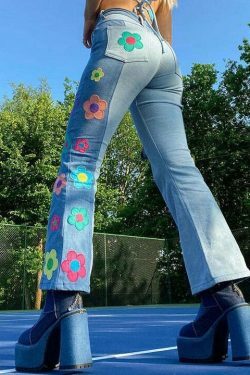 Y2K Aesthetic Floral Flare Jeans - Vintage-inspired Coquette Style for Women's Fashion