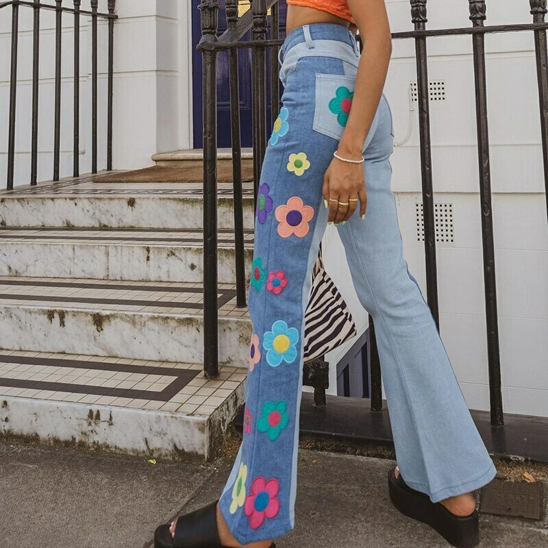 Y2K Aesthetic Floral Flare Jeans - Vintage-inspired Coquette Style for Women's Fashion