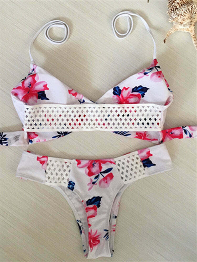 Y2K Aesthetic Floral Halter Bikini with Criss-Cross Back and Deep Plunge - Coquette Fashion