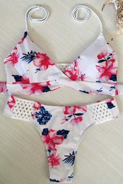 Y2K Aesthetic Floral Halter Bikini with Criss-Cross Back and Deep Plunge - Coquette Fashion