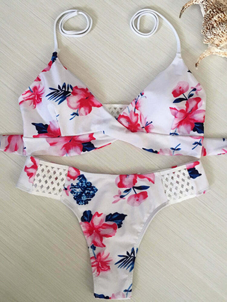 Y2K Aesthetic Floral Halter Bikini with Criss-Cross Back and Deep Plunge - Coquette Fashion