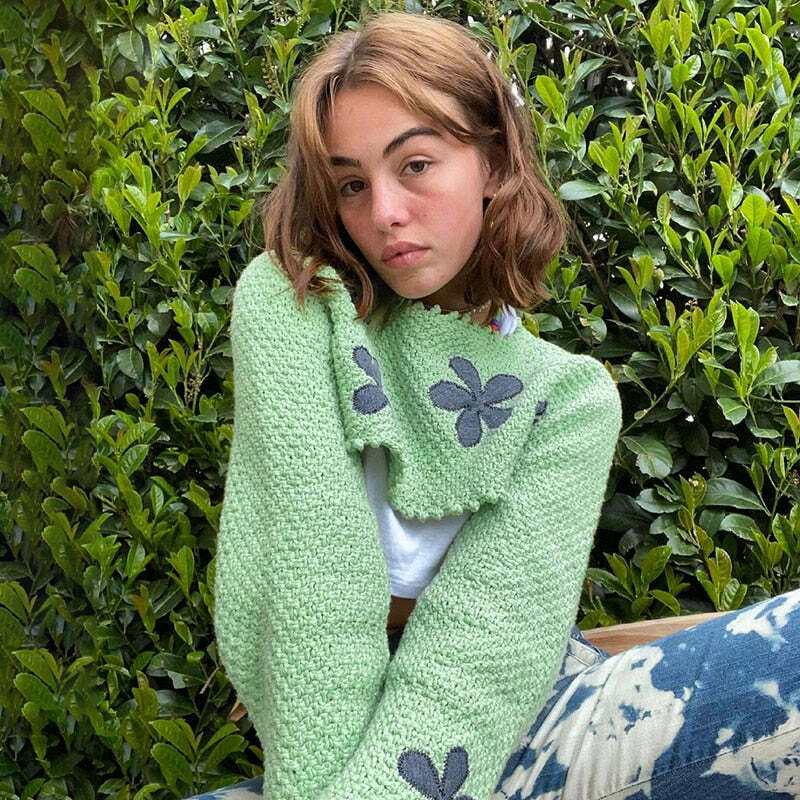Y2K Aesthetic Floral Knitted Green Crop Top - Coquette Style for Women