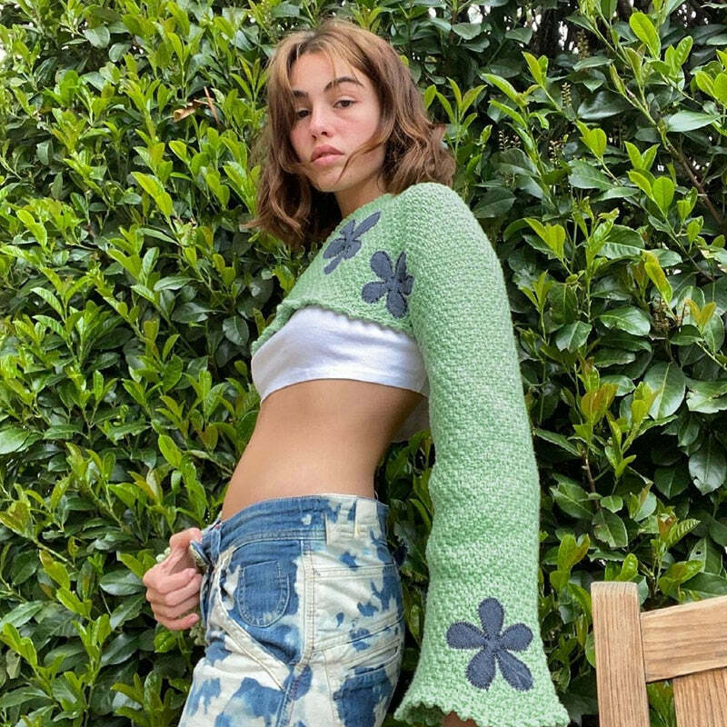 Y2K Aesthetic Floral Knitted Green Crop Top - Coquette Style for Women