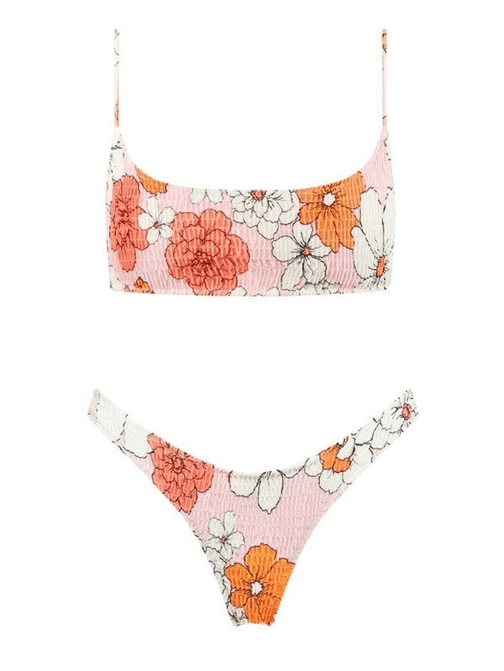 Y2K Aesthetic Floral Print Smocked Bikini Set - Vintage-inspired Swimwear for Trendy Women
