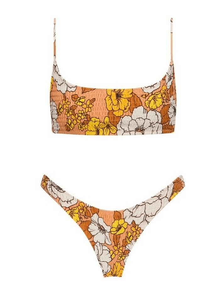 Y2K Aesthetic Floral Print Smocked Bikini Set - Vintage-inspired Swimwear for Trendy Women