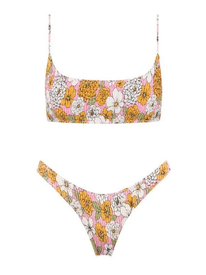 Y2K Aesthetic Floral Print Smocked Bikini Set - Vintage-inspired Swimwear for Trendy Women