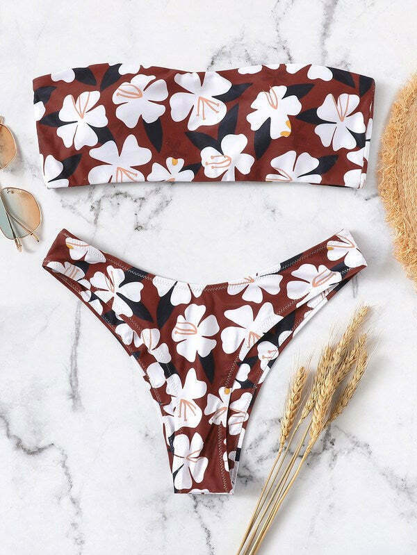 Y2K Aesthetic Flower Print Bandeau Bikini Set for Women - Coquette Style Swimwear