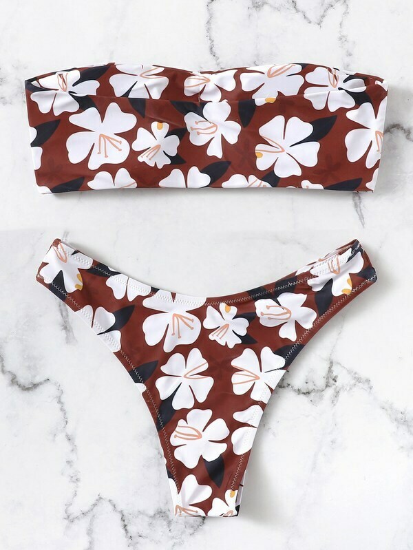 Y2K Aesthetic Flower Print Bandeau Bikini Set for Women - Coquette Style Swimwear