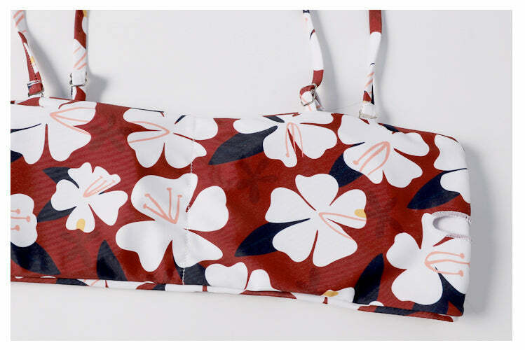 Y2K Aesthetic Flower Print Bandeau Thong Bikini - Retro Coquette Style Swimwear