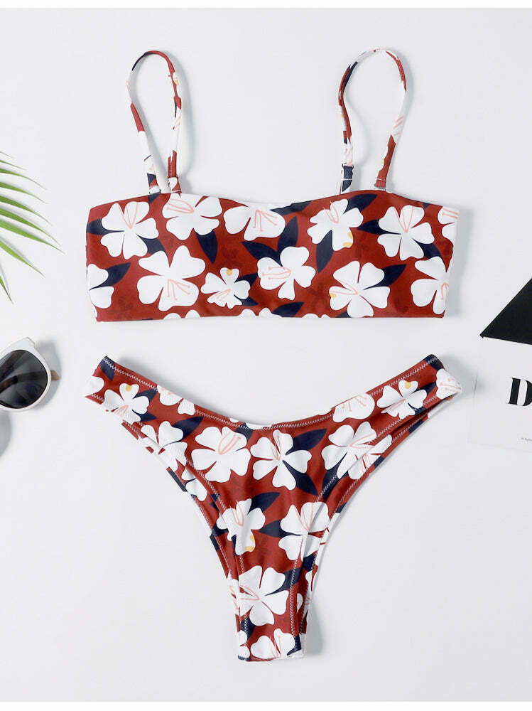 Y2K Aesthetic Flower Print Bandeau Thong Bikini - Retro Coquette Style Swimwear