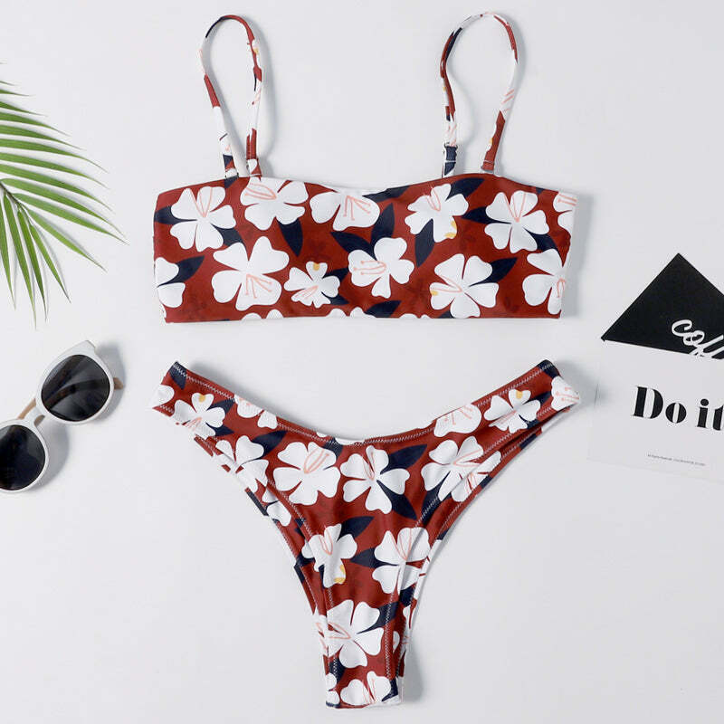 Y2K Aesthetic Flower Print Bandeau Thong Bikini - Retro Coquette Style Swimwear