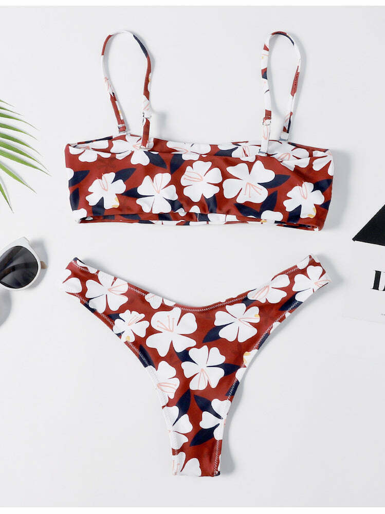 Y2K Aesthetic Flower Print Bandeau Thong Bikini - Retro Coquette Style Swimwear
