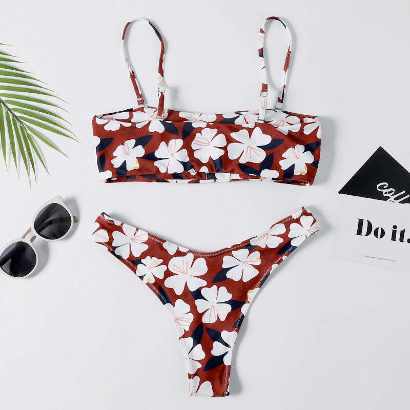 Y2K Aesthetic Flower Print Bandeau Thong Bikini - Retro Coquette Style Swimwear